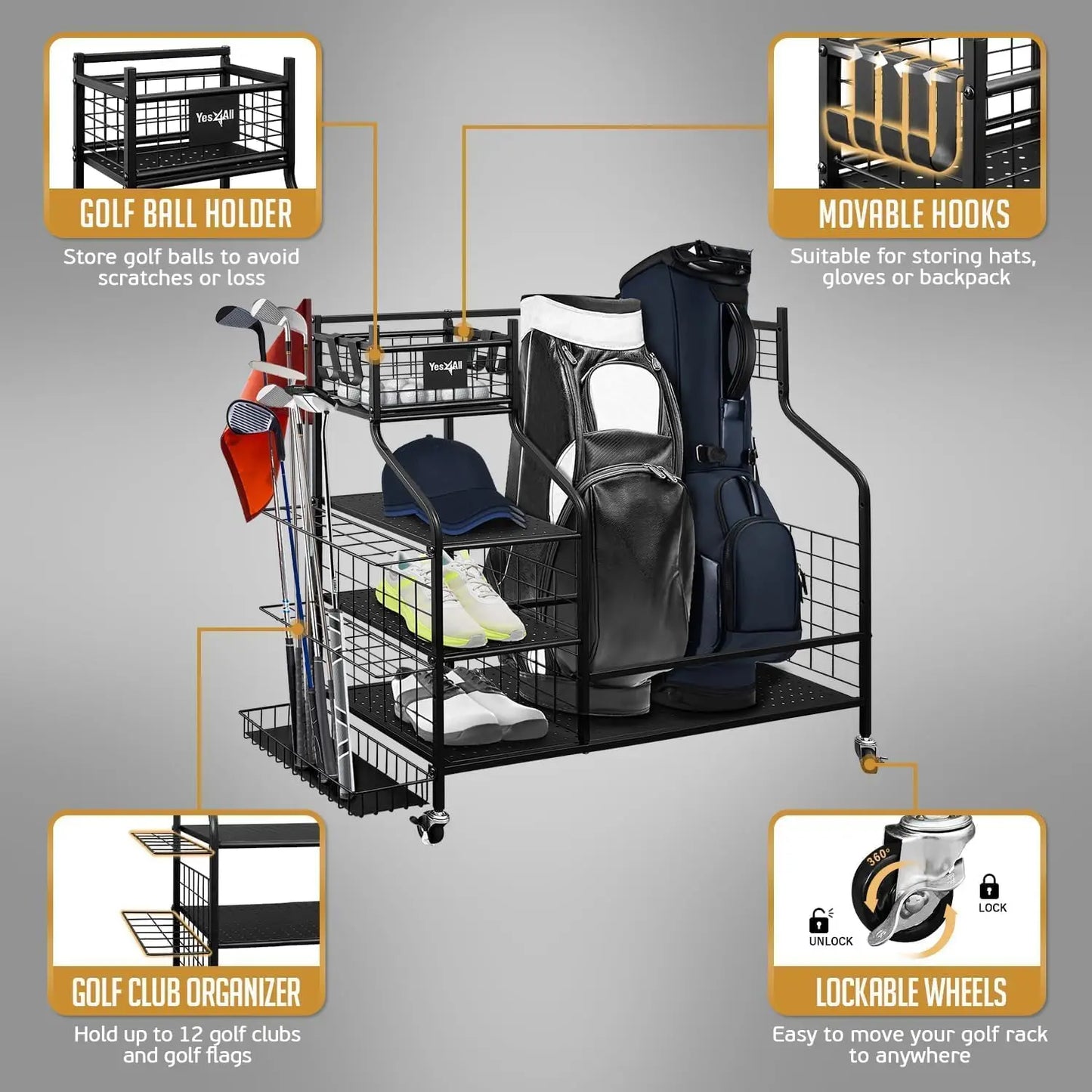 Golf Bags Storage Garage Organizer, Lockable Wheels