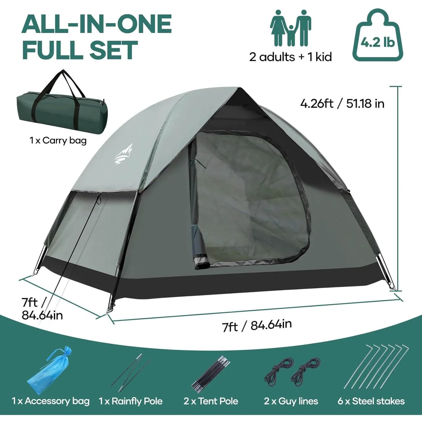 2-3 Person Camping Tent, Removable Rainfly