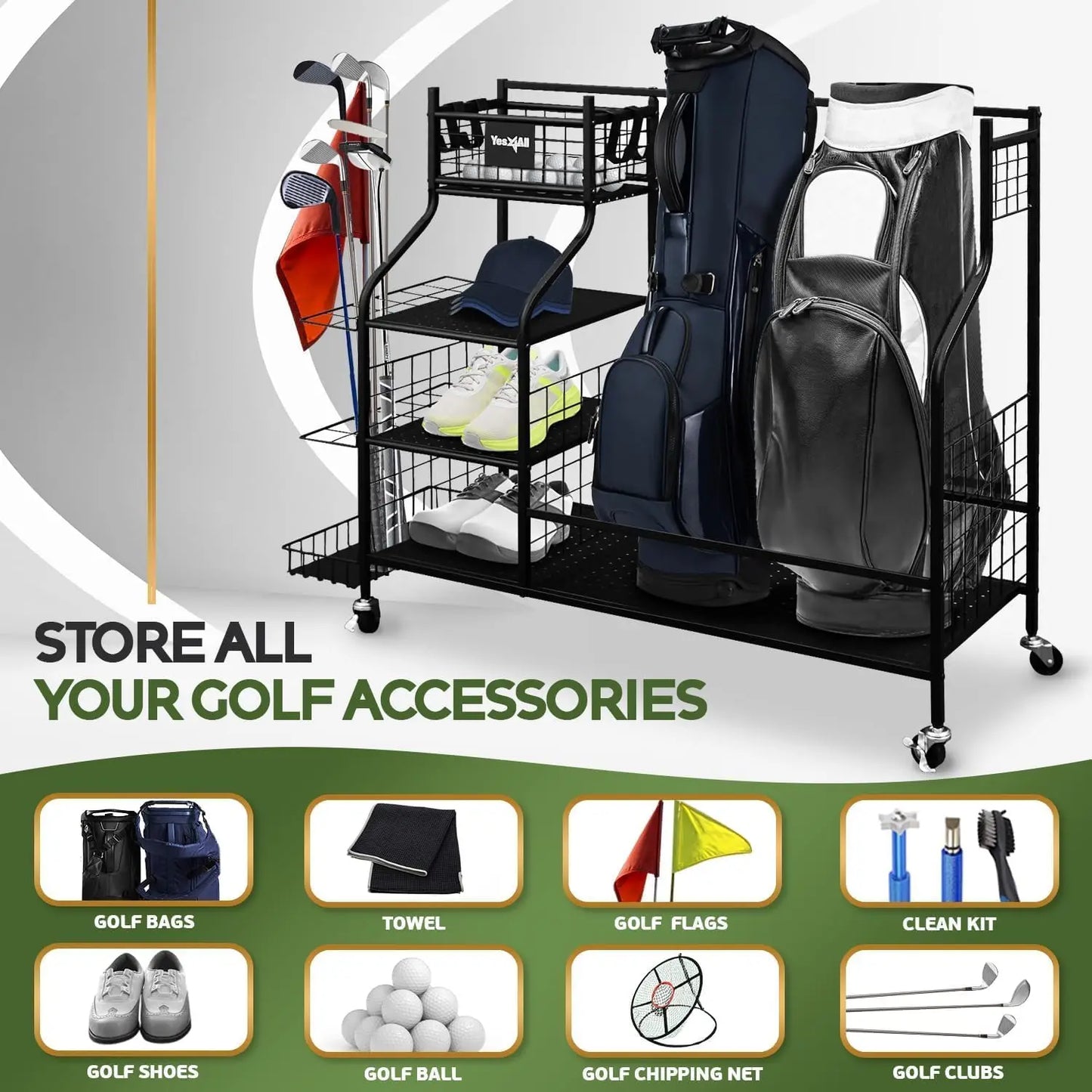 Golf Bags Storage Garage Organizer, Lockable Wheels